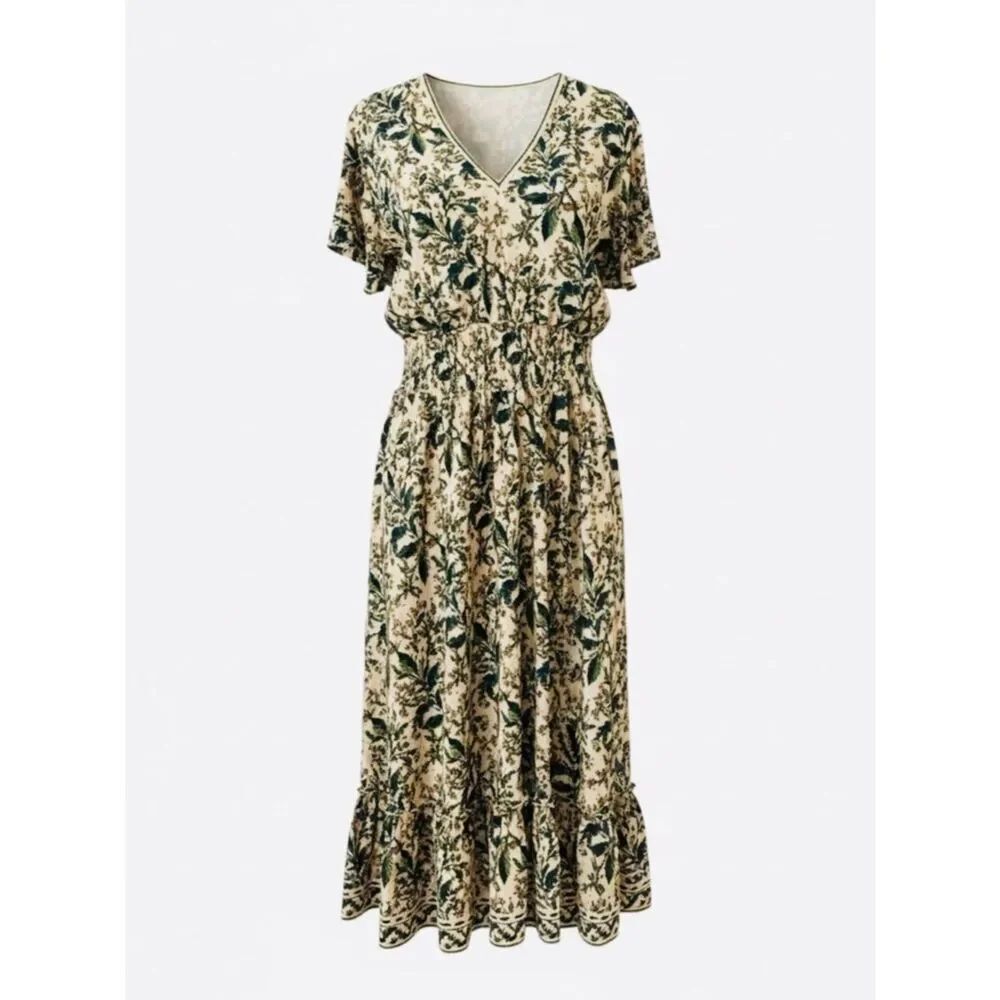 Max Studio Christmas Floral V-Neck Midi Dress
Floral print bright green and red